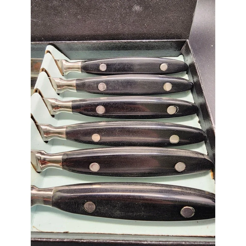 6-Pc MCM CI Stainless Japan Black Composite Handle Dinner Knife Set NOS IN BOX